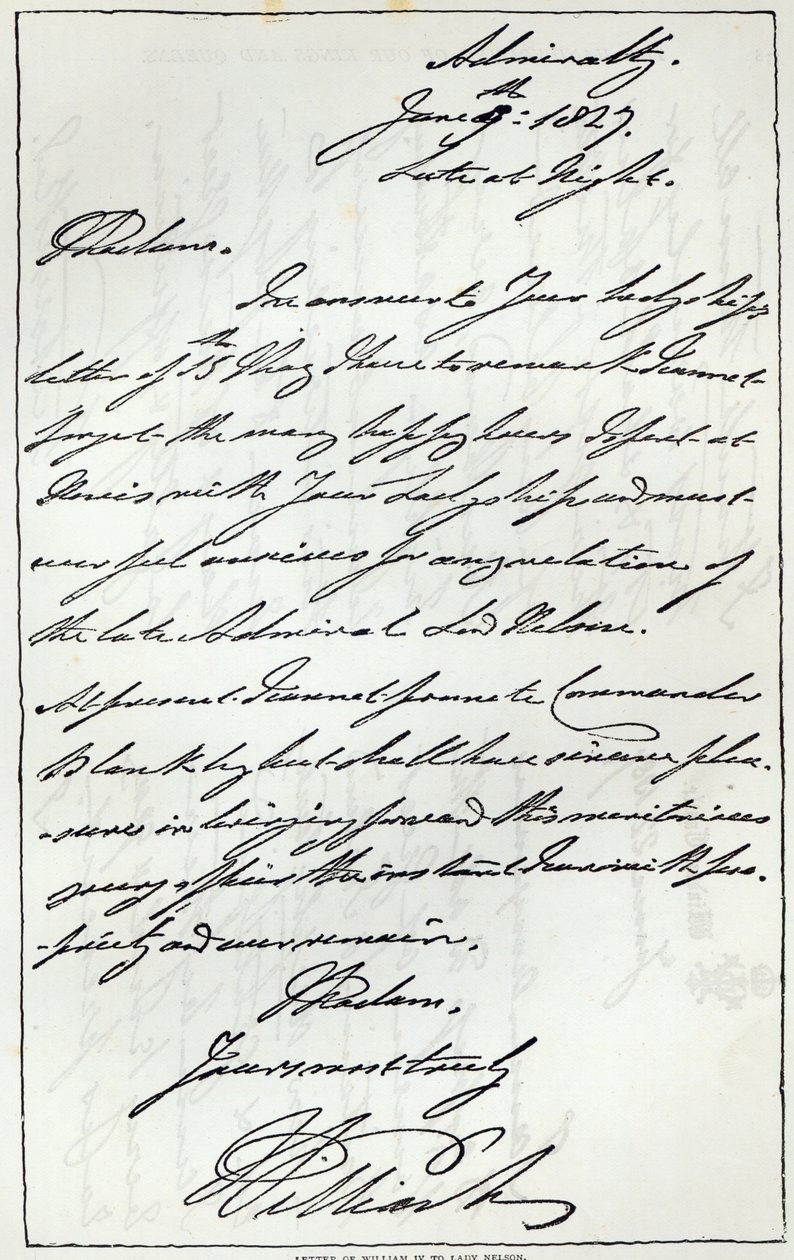 Carta de Guilherme IV a Lady Nelson, 1827, publicada em &39;Leisure House&39;, 1891 de English School