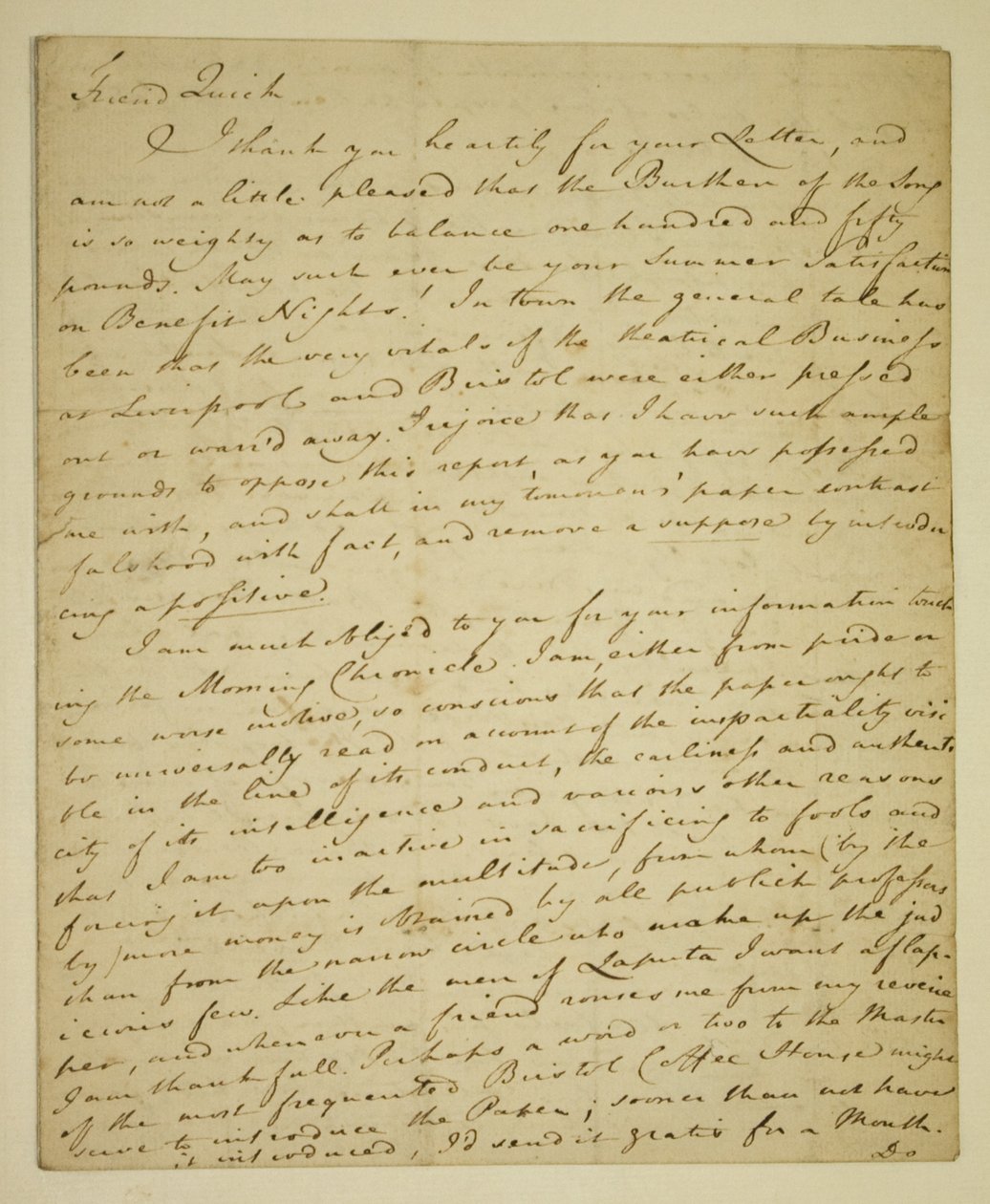 Carta de William Woodfall (1746-1803) ao ator John Quick (1748-1831) sobre as críticas favoráveis de John Henderson no Haymarket de English School