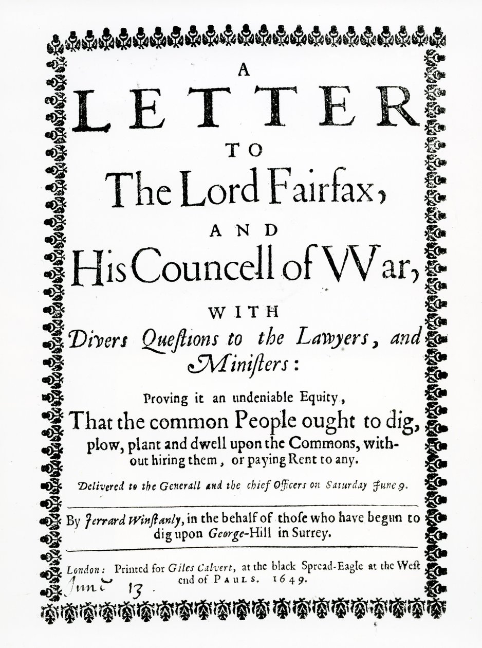 Carta para Lord Fairfax de Gerrard Winstanley (c.1609-60) em nome dos Diggers em St. George Hill, Surrey, imprimiu 1649 de English School