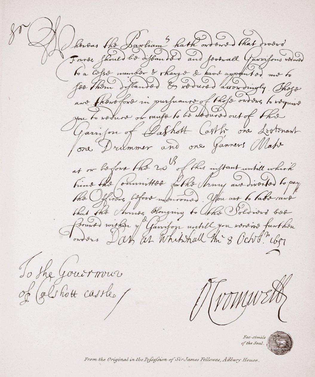 Carta ao governador do Castelo de Calshott de Oliver Cromwell, 1651, fac-símile do original em posse de Sir James Fellowes, Adbury House de English School