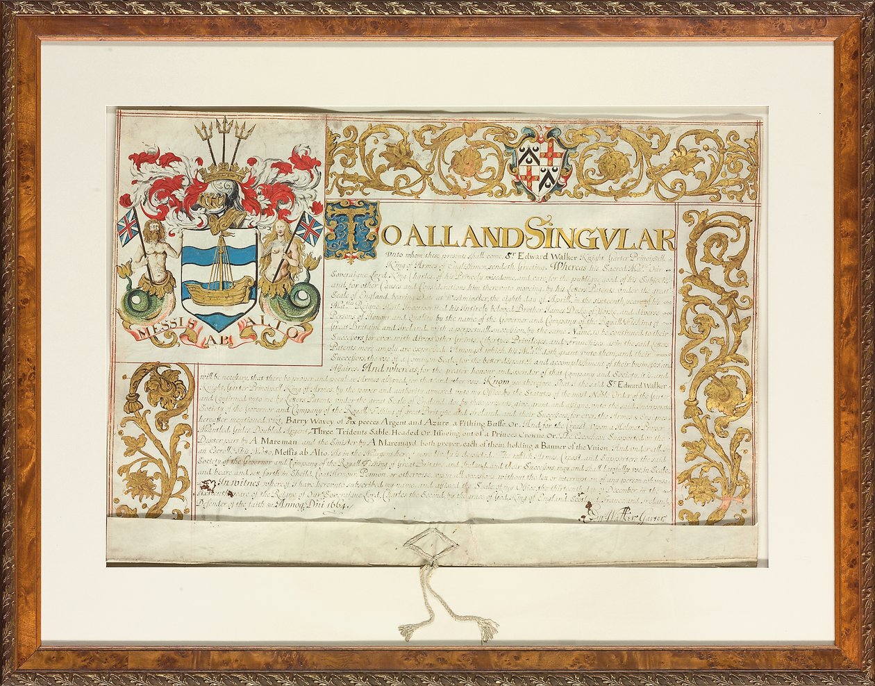 Patente de cartas emitida por Sir Edward Walker, Garter King of Arms, 13 de dezembro de 1664 de English School