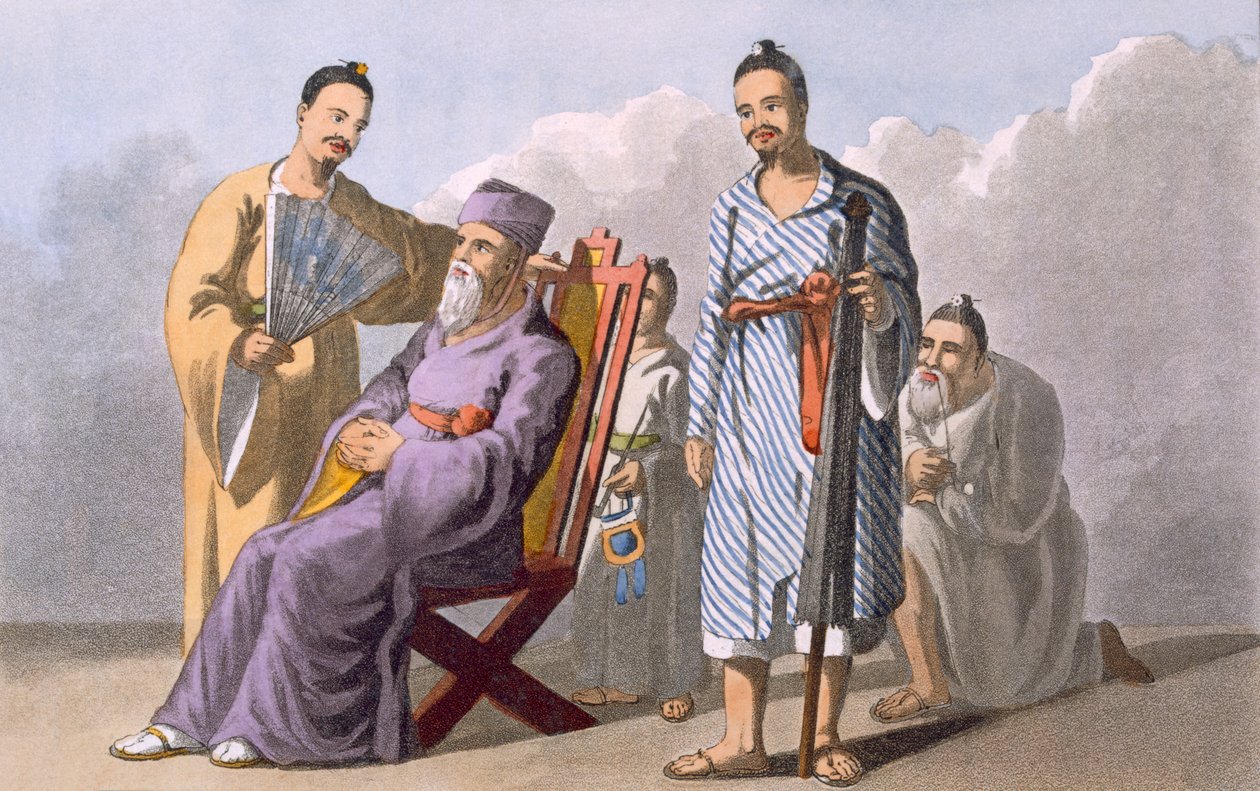 Chefe e Atendentes de Lewchewan, 1820 (aquatinta colorida) de English School