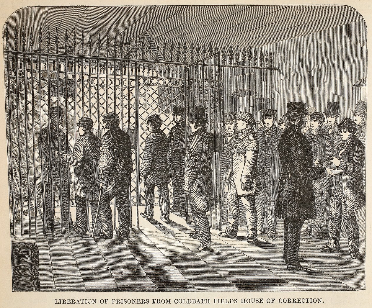Libertação dos prisioneiros da casa de correção dos campos de Coldbath, ilustração das prisões criminosas de Londres e cenas da vida da prisão por Henry Mayhew e por John Binny, bar. 1862 de English School