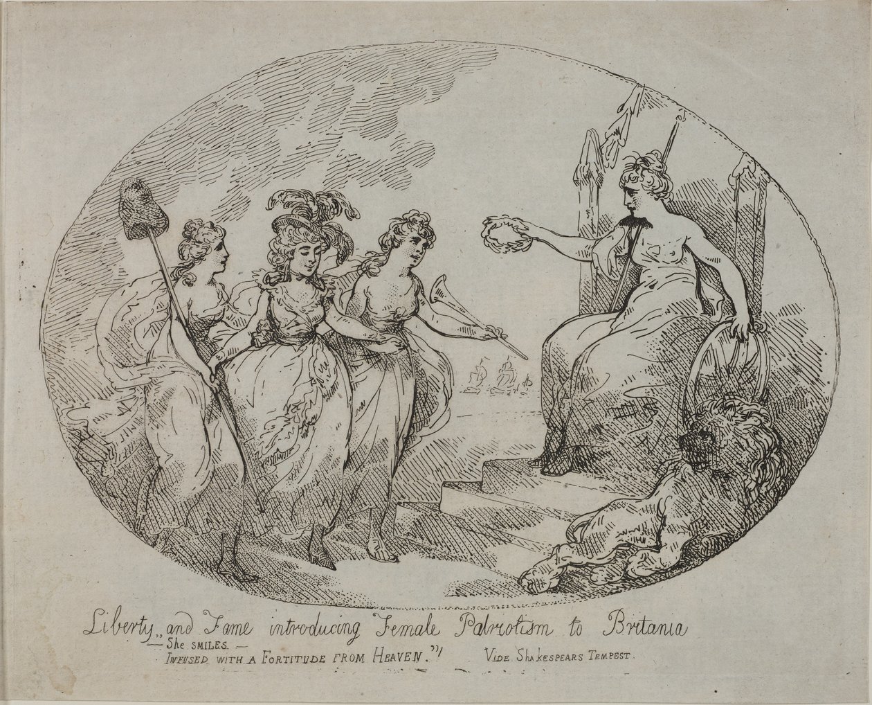 Liberdade e Fama introduzindo o Patriotismo Feminino; Britannia e a Duquesa de Devonshire (gravura) de English School