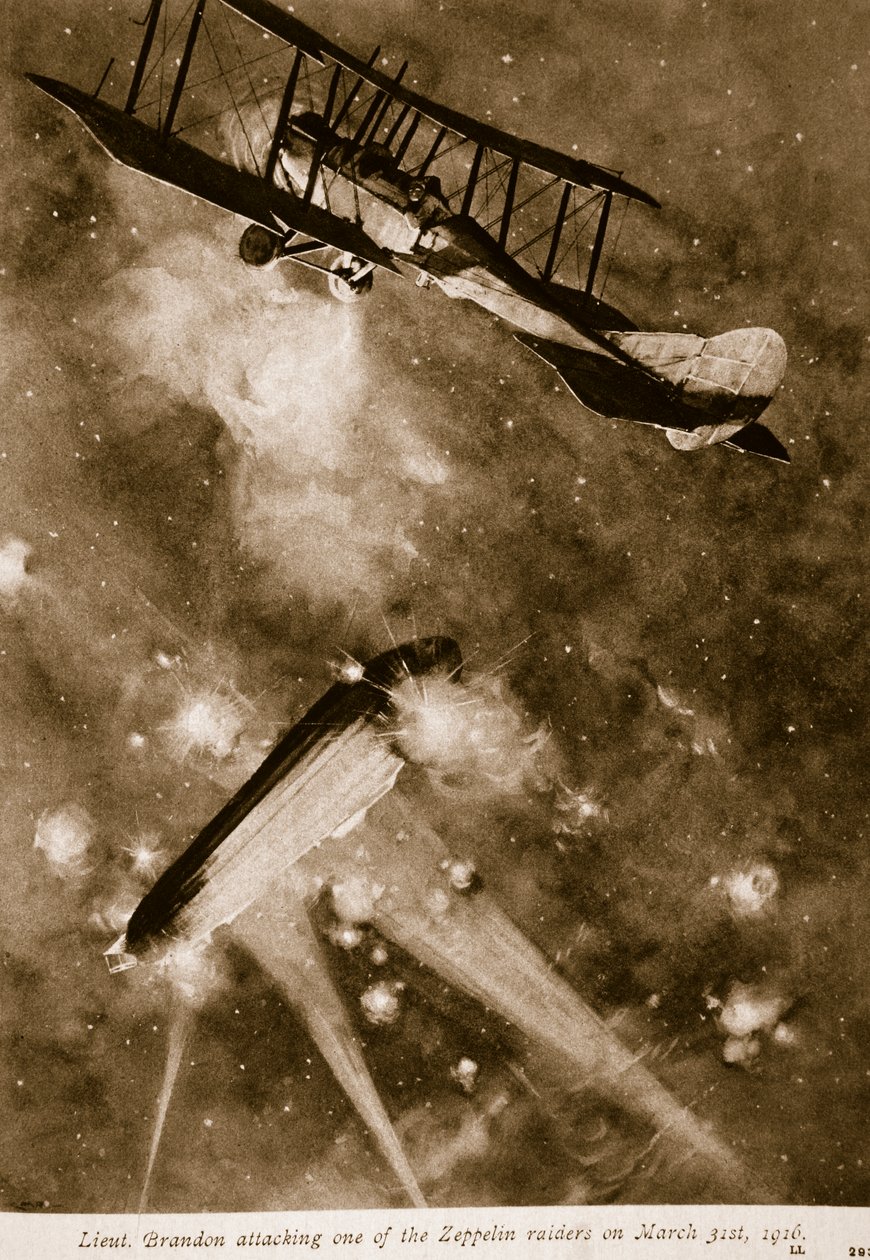 Tenente Brandon atacando um dos invasores do Zeppelin em 31 de março de 1916, 1914-19 de English School