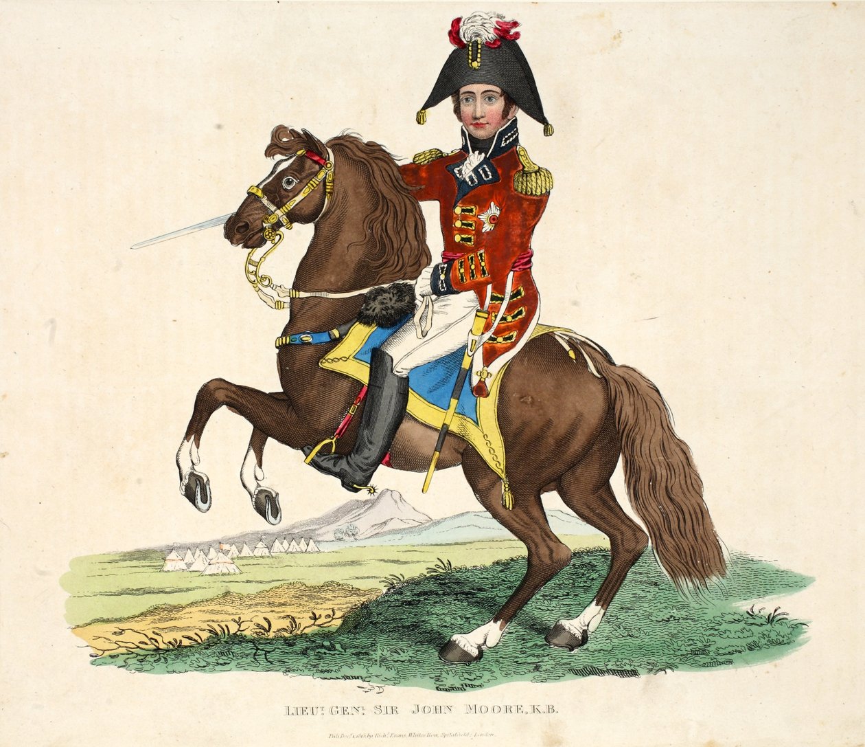 Tenente-General Sir John Moore KB, pub de Richard Evans, gravado por Romney, ilustração de Um Relato Histórico da Batalha de Waterloo, de William Mudford, 1816 de English School