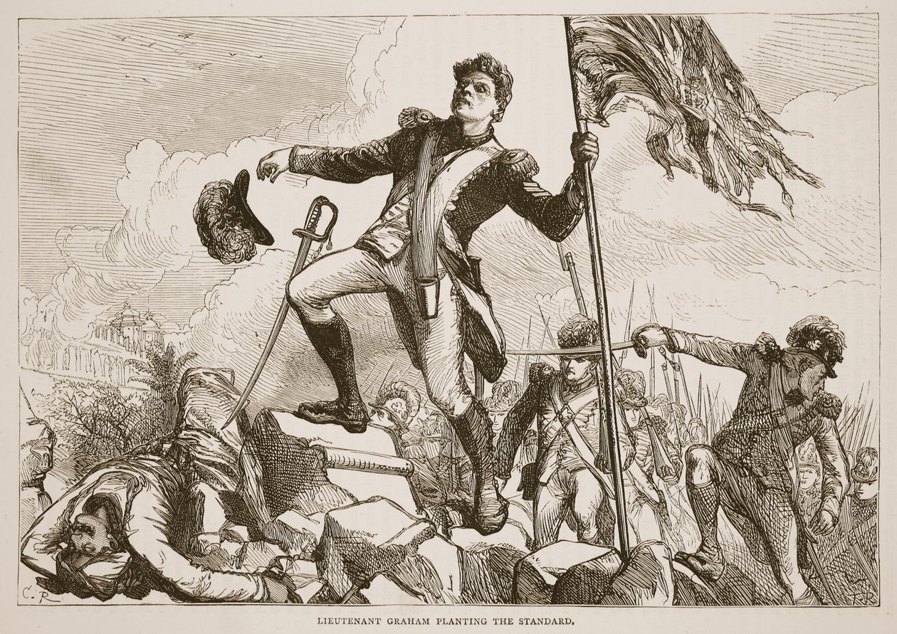 Tenente Graham que planta o padrão, ilustração da história ilustrada de Cassells da Índia por James Grant, bar. 1879 de English School