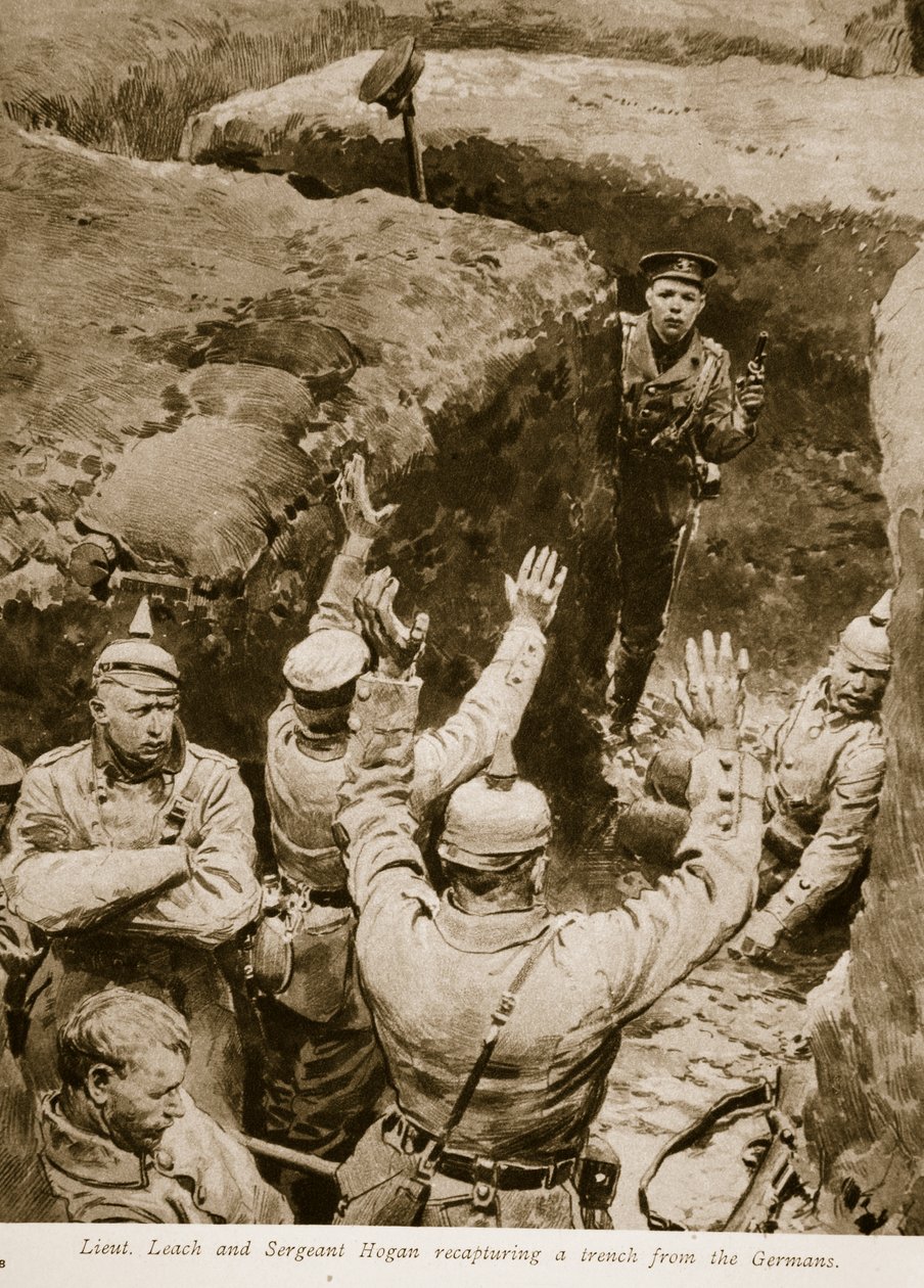 Tenente Leach e Sargento Hogan recapturando uma trincheira dos alemães, 1914-19 de English School