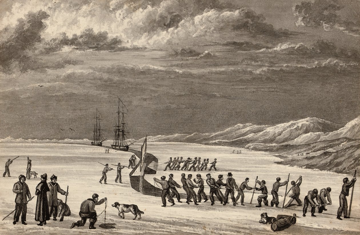 Primeira viagem do tenente William Parry: As equipes do HMS Hecla e do HMS Griper entrando em Winter Harbor, c.1819 de English School