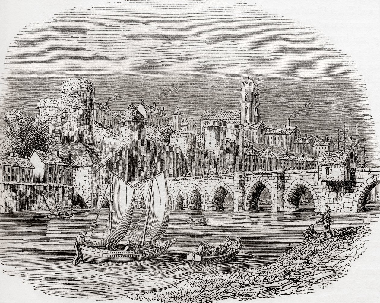 Limerick, Condado de Limerick, Irlanda, mostrando o Castelo do Rei João no rio Shannon e a Ponte Thomand, da Velha Inglaterra: A Pictorial Museum, pub. 1847 de English School