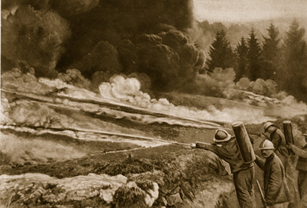 Fogo líquido, primeiro empregado pelos alemães, adotado com sucesso pelos Aliados, 1914-19 de English School