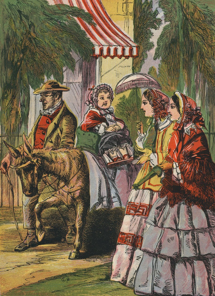 Menina montada num burro (litografia a cores) de English School