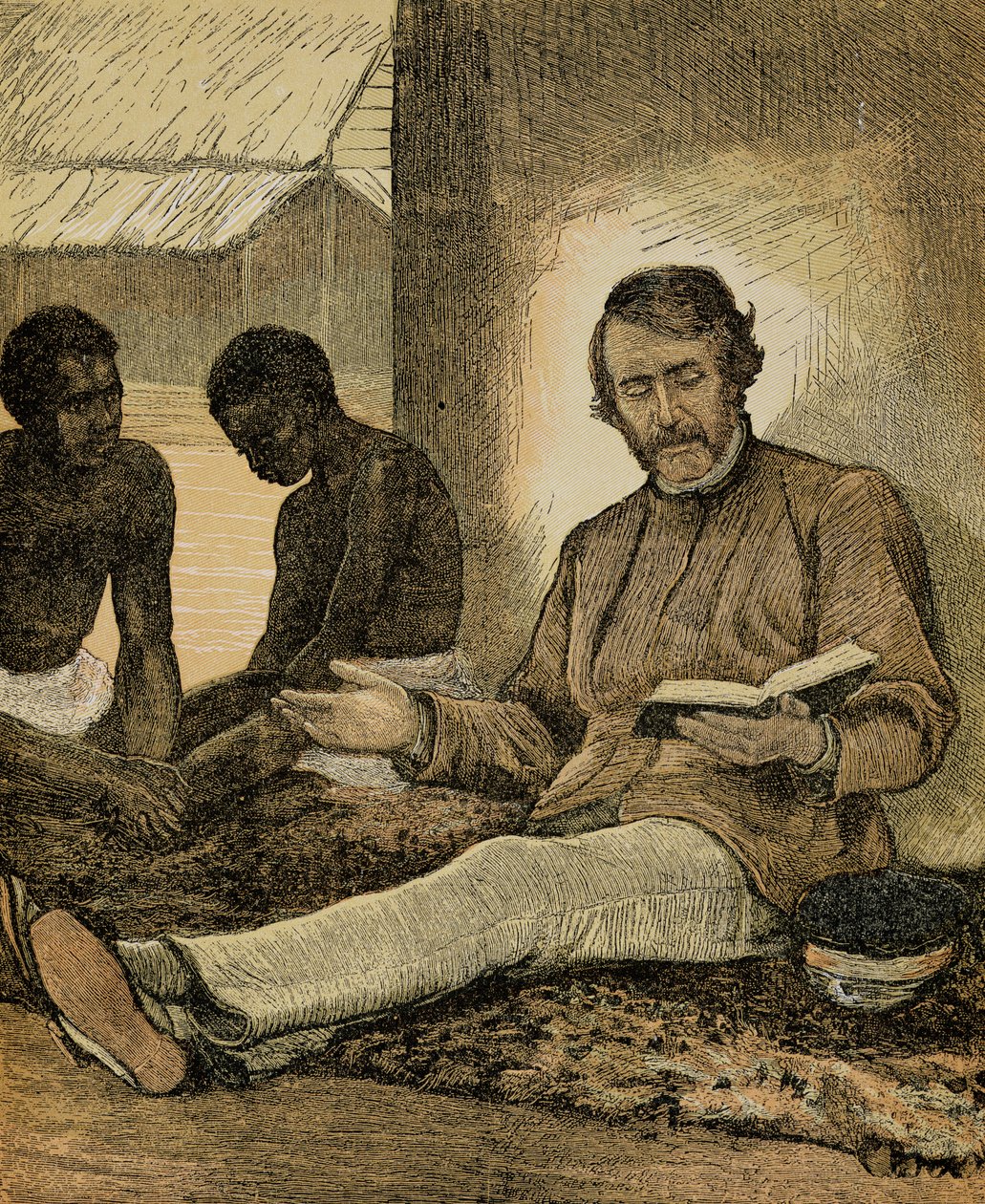 Livingstone a ler a Bíblia (gravura a cores) de English School