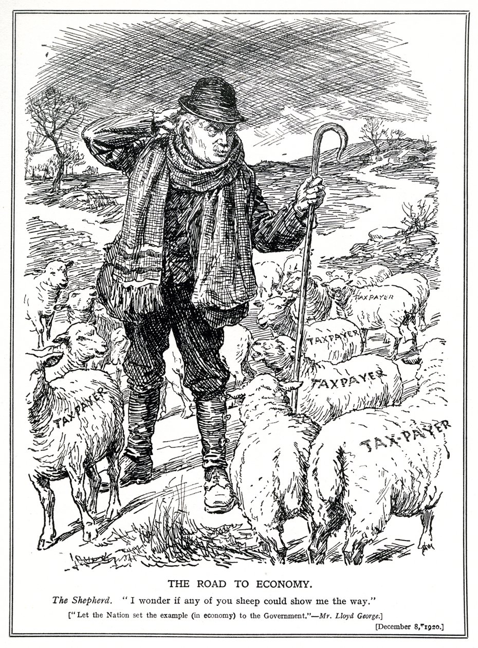 Lloyd George como o pastor da Grã-Bretanha pede aos contribuintes (ovelhas) para liderar a recuperação da economia, dezembro de 1920 de English School