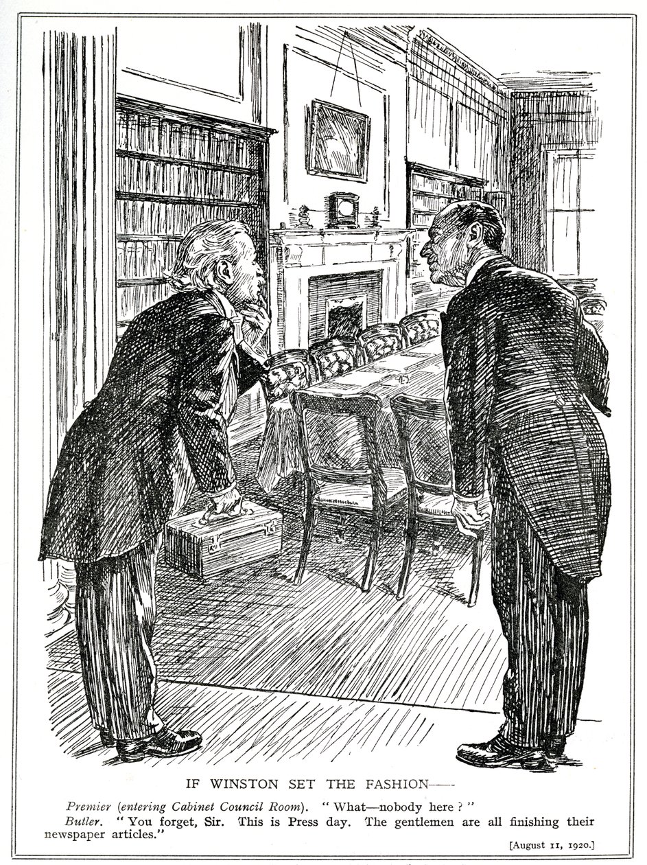 Lloyd George entra em uma sala de gabinete vazia de ministros que estão ocupados escrevendo artigos para os jornais, agosto de 1920 de English School