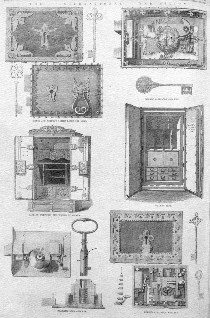 Fechaduras e cofres em exposição na Grande Exposição de 1862, ilustração do The Illustrated London News, 15 de novembro de 1862 de English School