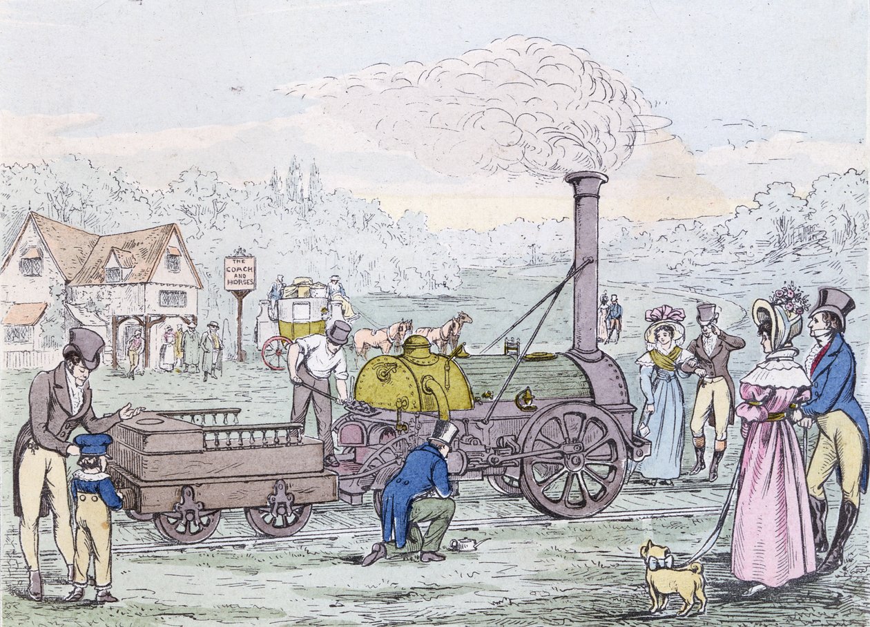 Motor locomotor, o foguete em 1830, construído por George Stephenson (1781-1848) (aquatint) de English School