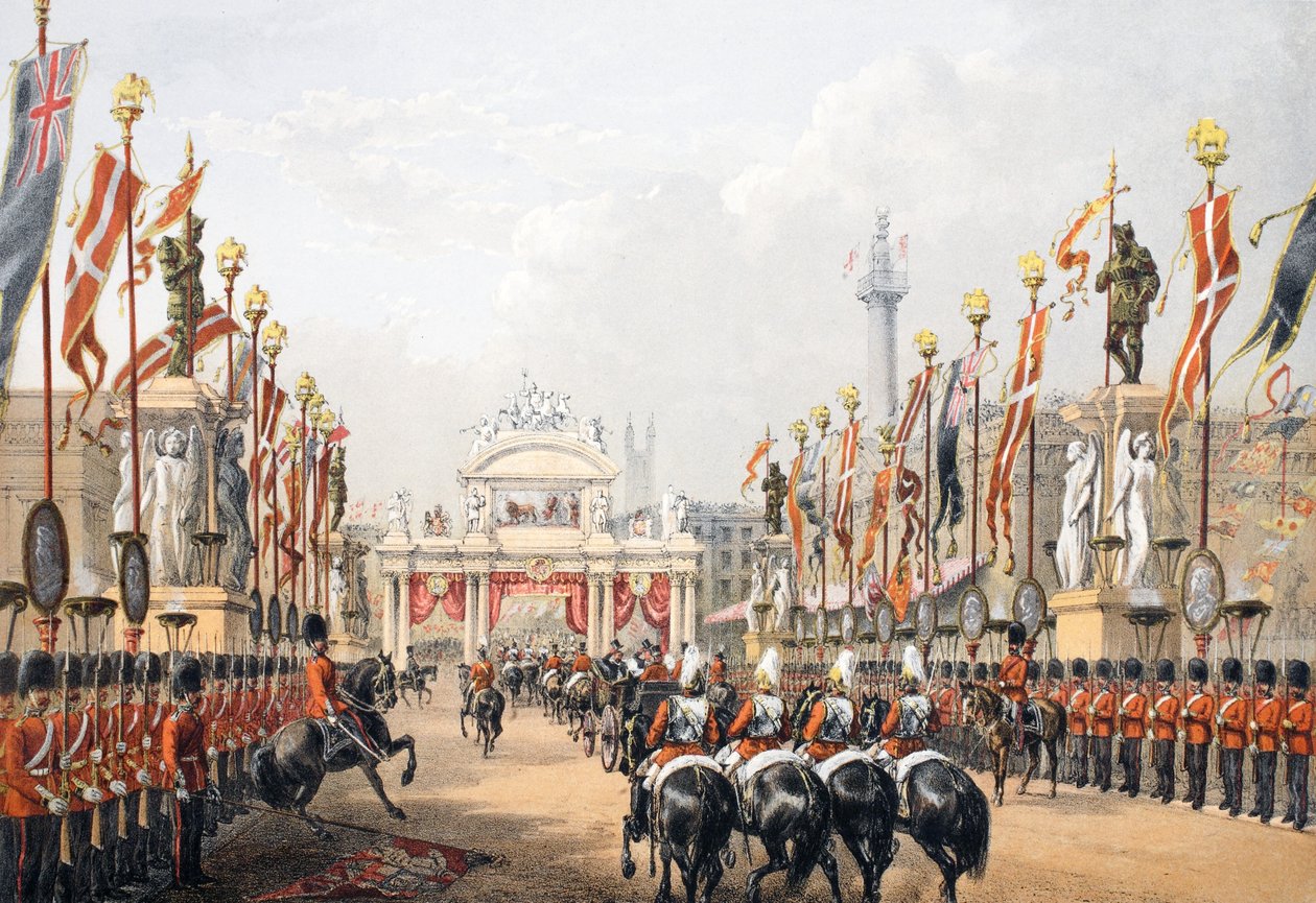 Ponte de Londres, mantida pelo Honorável Artillery Company de Londres, de Um Memorial do Casamento de Eduardo VII e Alexandra da Dinamarca, pub. 1864 de English School