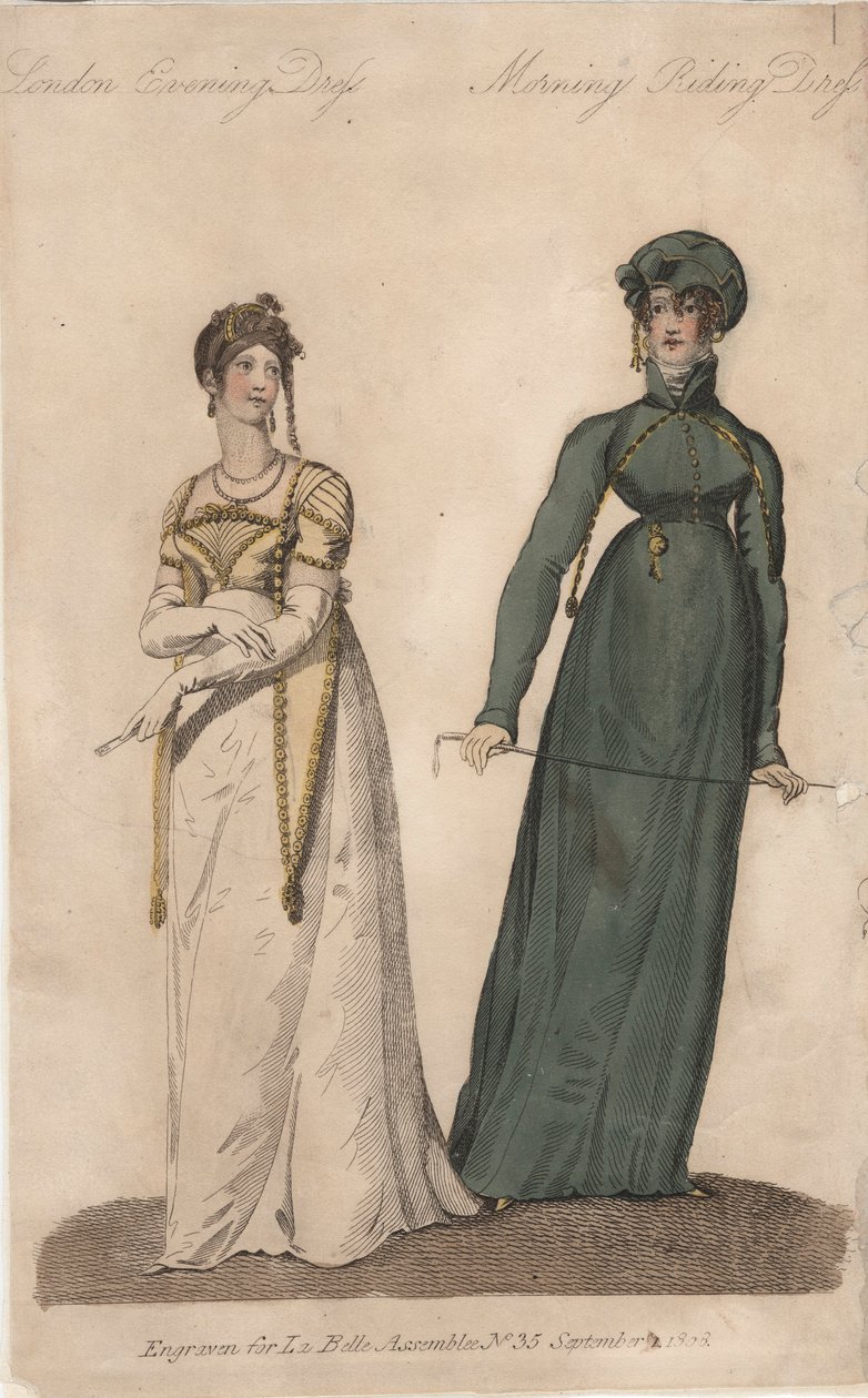 Vestido de noite em Londres e vestido de montaria matinal de English School