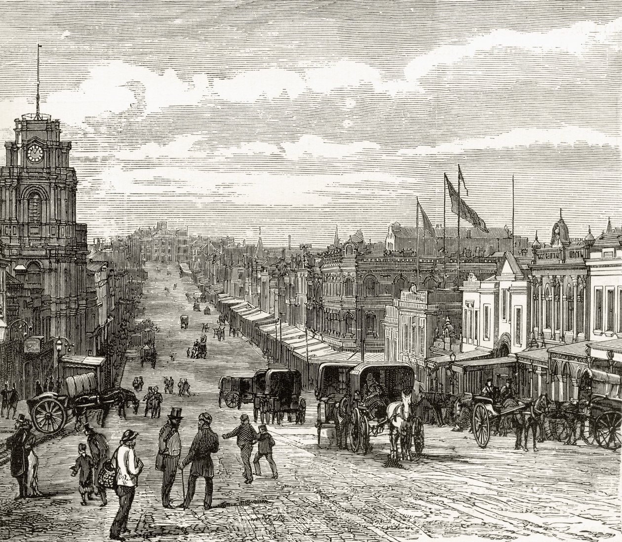 Olhando para o leste pela Bourke Street, Melbourne, c.1880, de "Australian Pictures", de Howard Willoughby, publicado pela Religious Tract Society, Londres, 1886 de English School