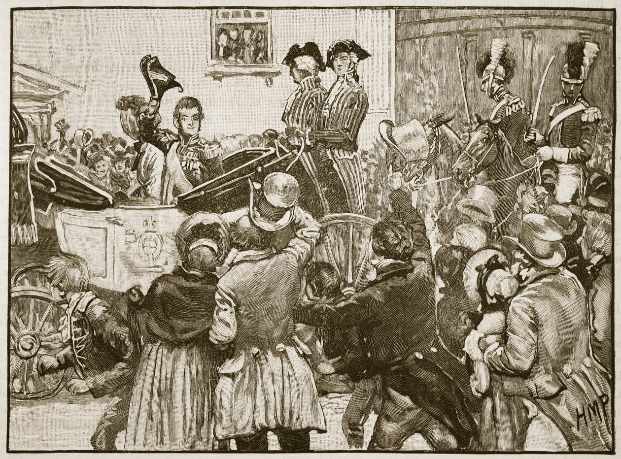 Lord Anglesy deixando a Irlanda, Kingstown, 1828, ilustração da história ilustrada de Cassells da Inglaterra (foto sépia) de English School