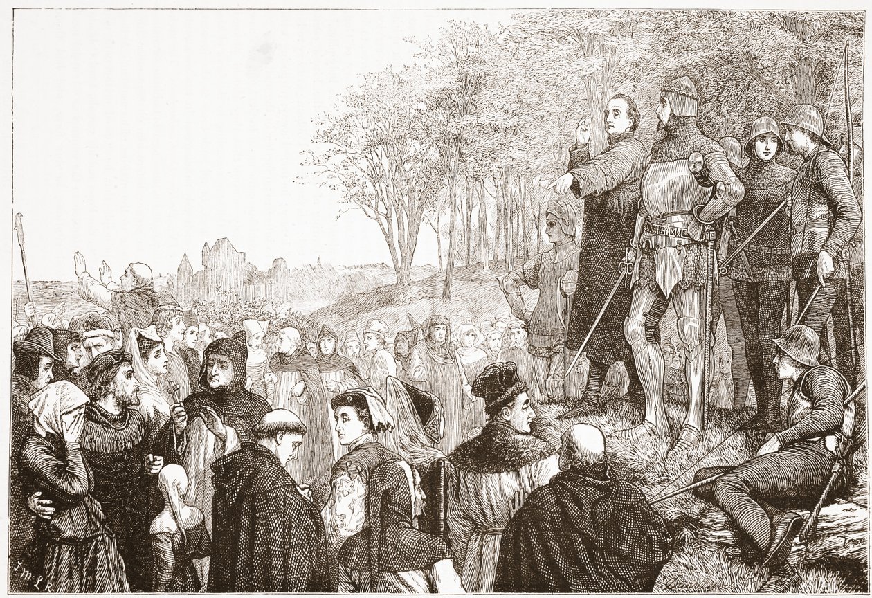 Lord Cobham em um Lollard Preaching, ilustração da História do Protestantismo por James Aitken Wylie (1808-1890), pub. 1878 de English School