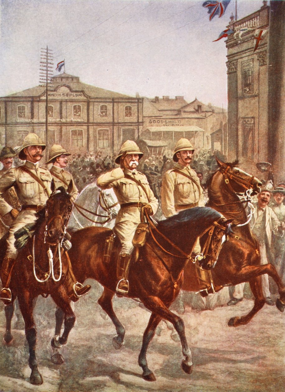 Lord Roberts entra na cidade de Kimberley após o sucesso de um cerco bôer de quatro meses, ilustração de Hutchinsons História da nação britânica, c.1920, ilustração de Hutchinsons S de English School