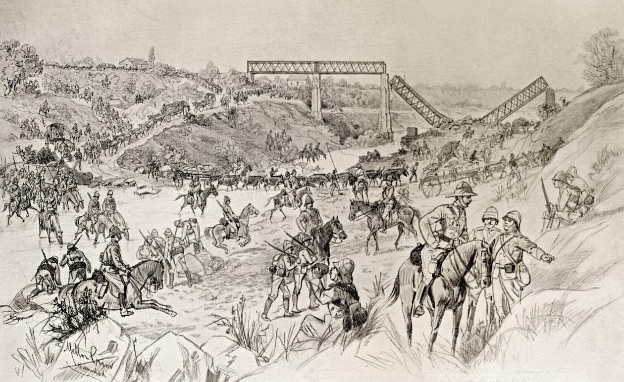 Coluna de Lord Roberts a atravessar o Sand River Drift durante a Segunda Guerra dos Bóeres, de "South Africa and the Transvaal War" de Louis Creswicke, publicado em 1900 (litografia) de English School