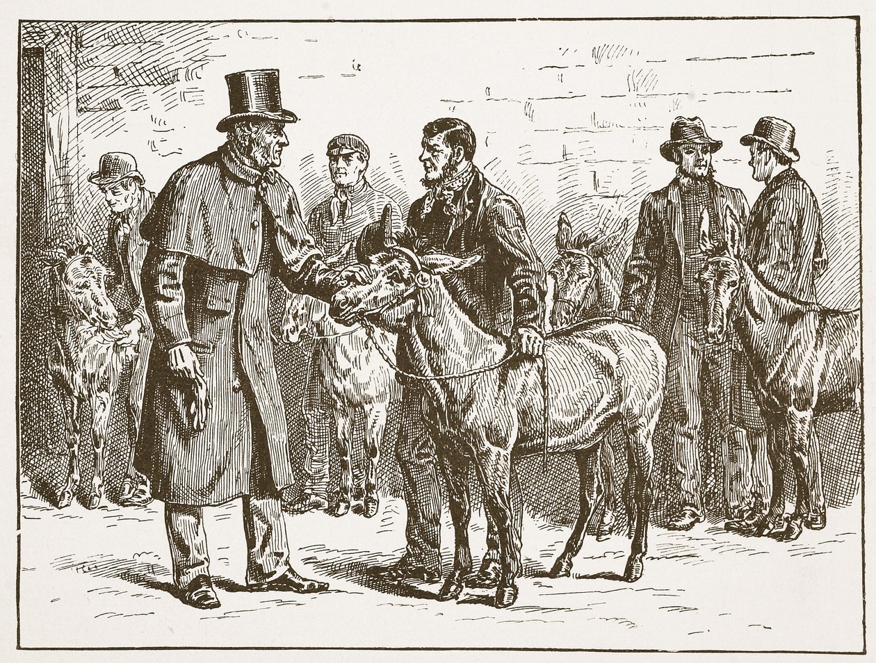 Lord Shaftesbury que inspeciona uma mostra do asno dos costermongers, ilustração da igreja de Inglaterra: Uma história para os povos por HDM Spence-Jones, bar. c.1910 (foto sépia) de English School