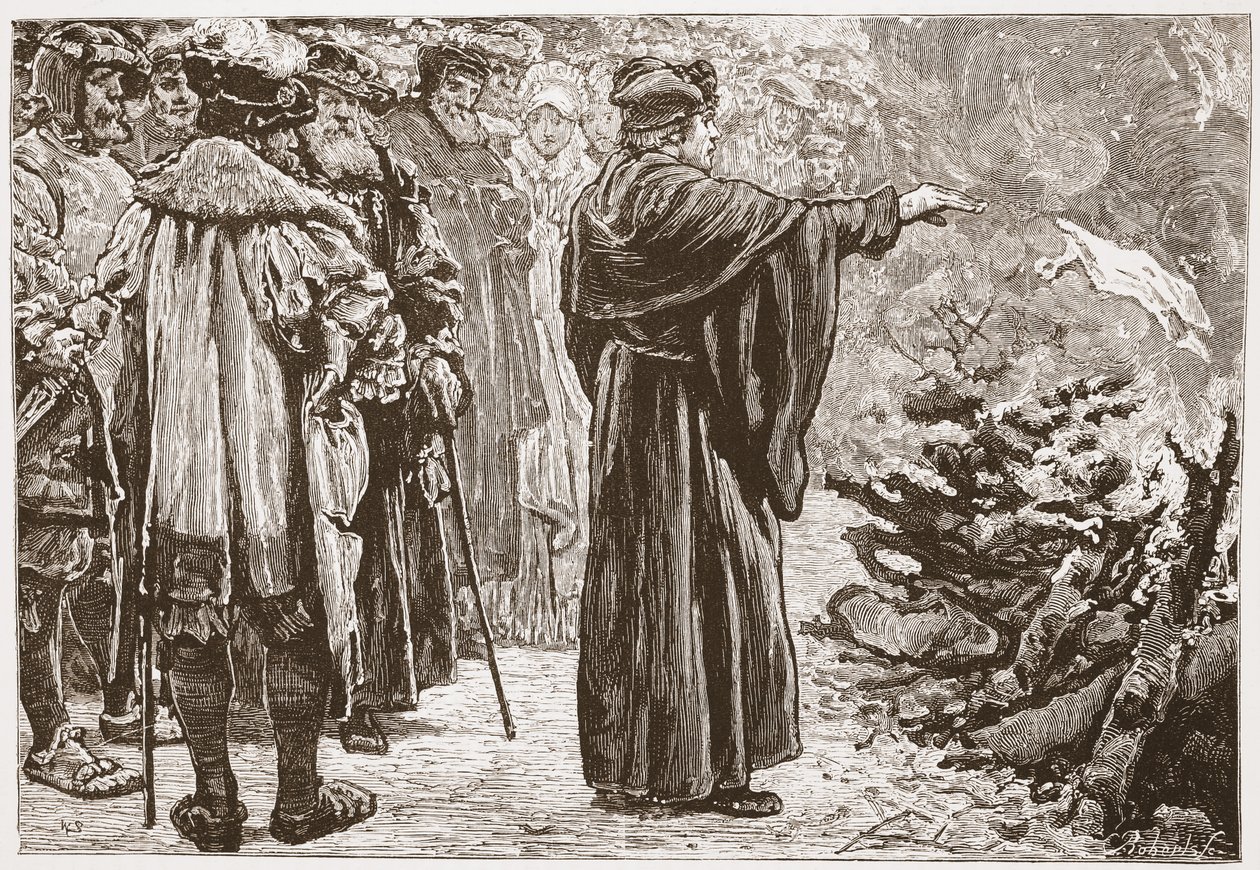 Luther Burning the Popes Bull, ilustração da História do Protestantismo por James Aitken Wylie (1808-1890), pub. 1878 de English School
