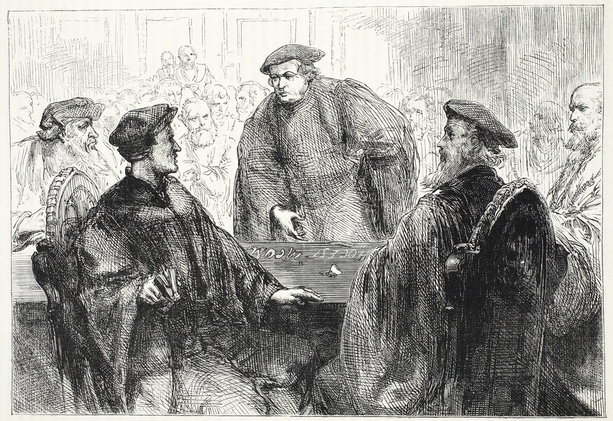 Luther e Zwingle discutindo em Marburg, ilustração da História do Protestantismo por James Aitken Wylie (1808-1890), pub. 1878 de English School