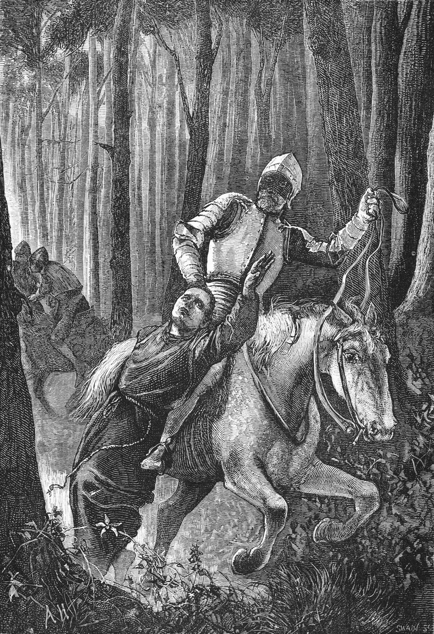 Lutero atacado por cavaleiros mascarados na Floresta da Turíngia, ilustração da História do Protestantismo por James Aitken Wylie (1808-1890), pub. 1878 de English School