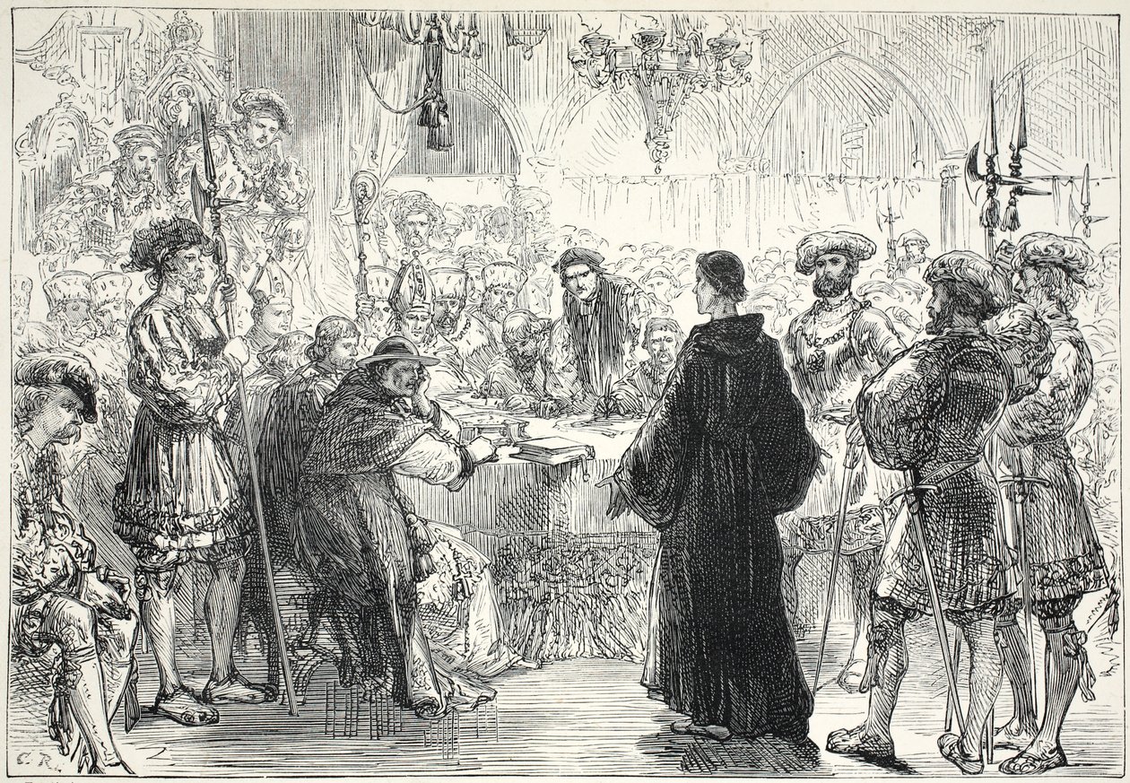 Lutero antes da Dieta de Worms, ilustração de A História do Protestantismo, de James Aitken Wylie (1808-1890), pub. 1878 de English School