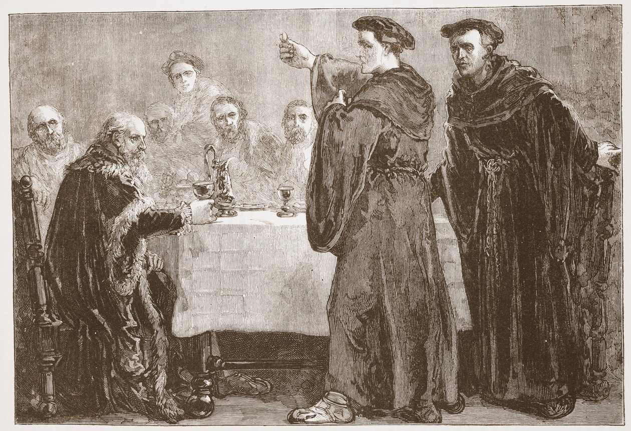 Lutero desafiando Carlstadt a escrever contra ele, ilustração de A História do Protestantismo, de James Aitken Wylie (1808-1890), pub. 1878 de English School