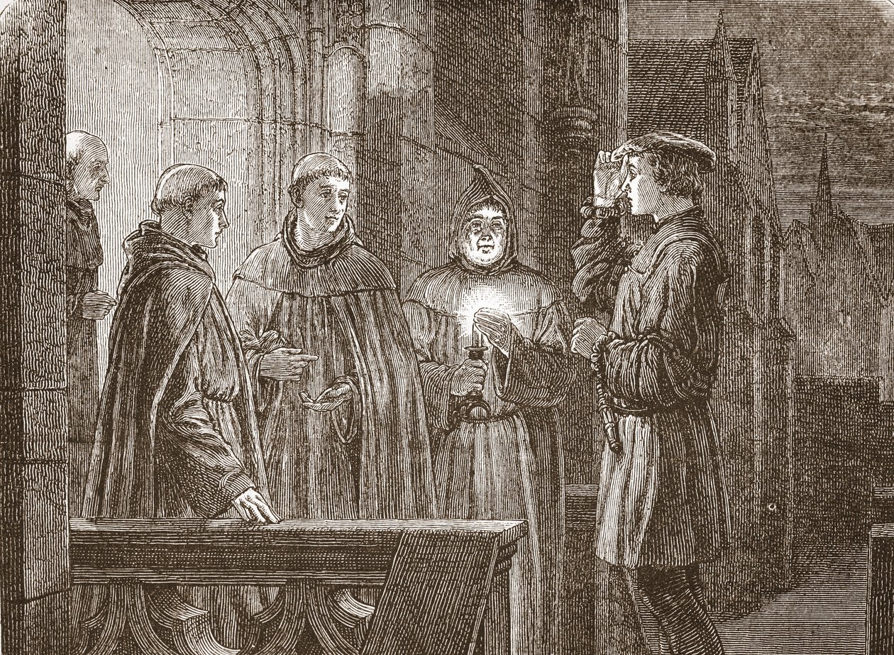 Lutero entrando no convento agostiniano, ilustração da História do Protestantismo por James Aitken Wylie (1808-1890), pub. 1878 de English School