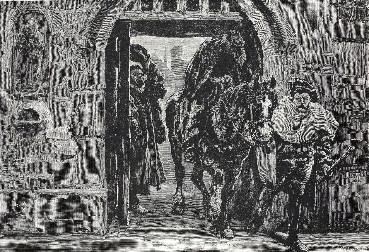 Luther que escapa de Augsburg, ilustração da história do protestantismo por James Aitken Wylie (1808-1890), bar. 1878 de English School