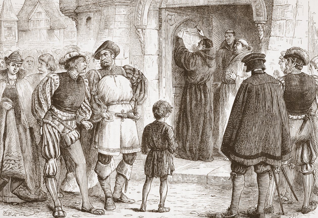 Lutero pregando suas Teses à porta do Schloss-Kirk em Wittemberg, ilustração de A História do Protestantismo por James Aitken Wylie (1808-1890), pub. 1878 de English School