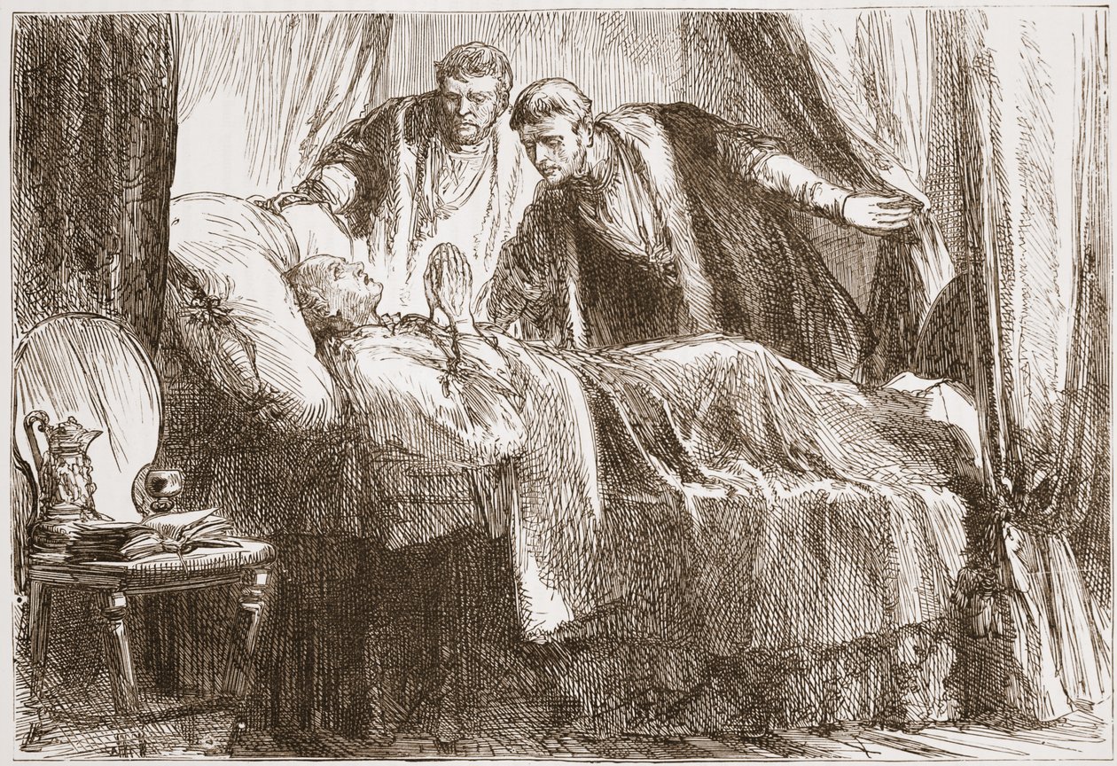 Lutero em seu leito de morte, ilustração de A História do Protestantismo, de James Aitken Wylie (1808-1890), pub. 1878 de English School