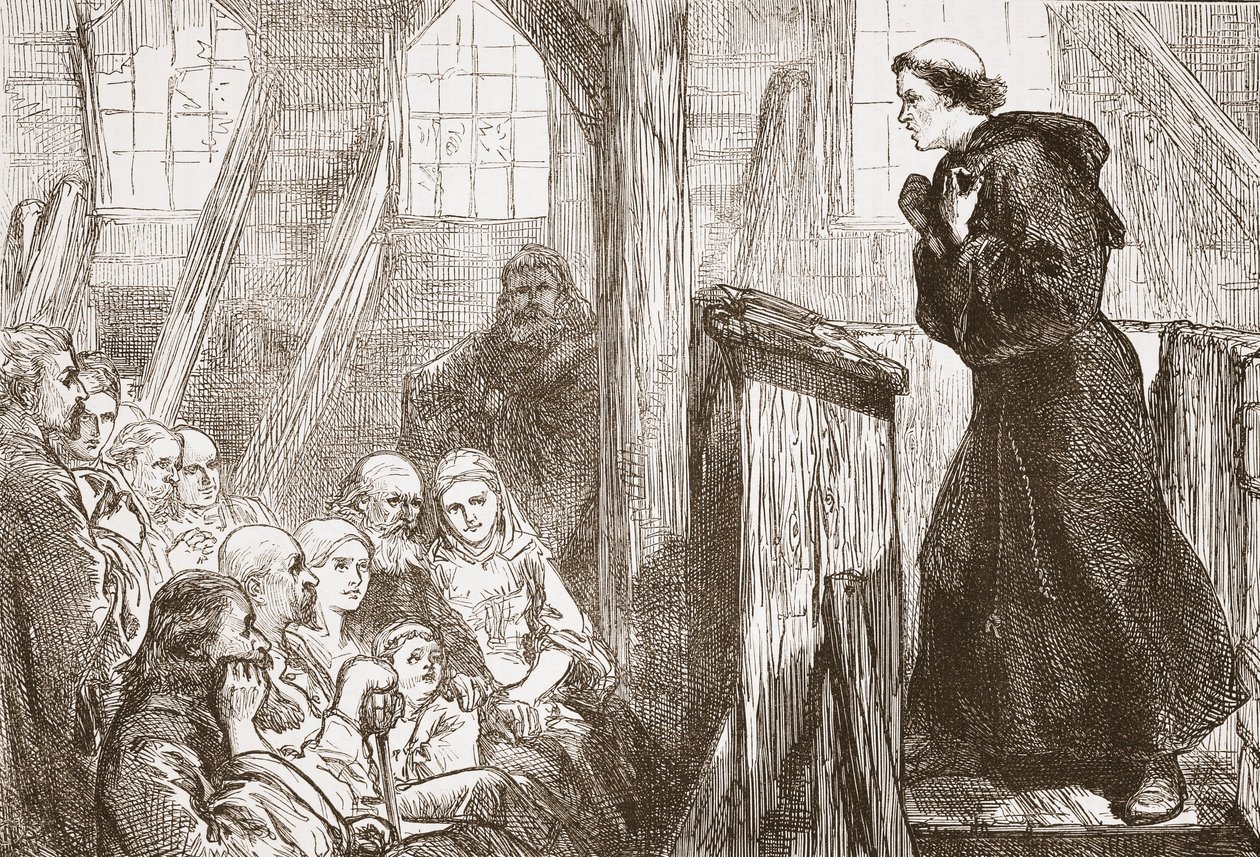 Luther que preaching na igreja de madeira velha em Wittemberg, ilustração da história do protestantismo por James Aitken Wylie (1808-1890), bar. 1878 de English School