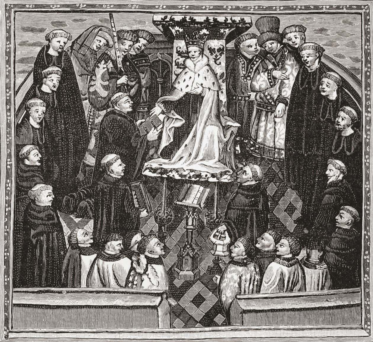 Lydgate apresentando seu livro ao rei Henry V, de "Uma Breve História do Povo Inglês" por JR Green, publicado em 1893 de English School