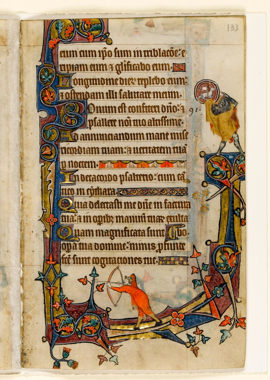 MS 1-2005, fol. 133r: Um Arqueiro e São João Batista, decoração marginal do Saltério de Macclesfield, Uso de Sarum, East Anglia, c.1330 de English School