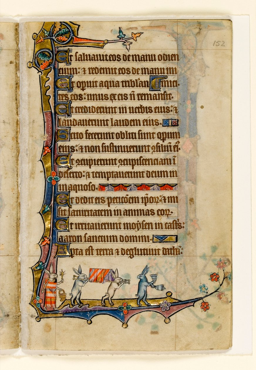 MS 1-2005, fol. 152r: Uma Procissão Funeral de Coelhos, decoração marginal do Saltério de Macclesfield, Uso de Sarum, East Anglia, c.1330 de English School