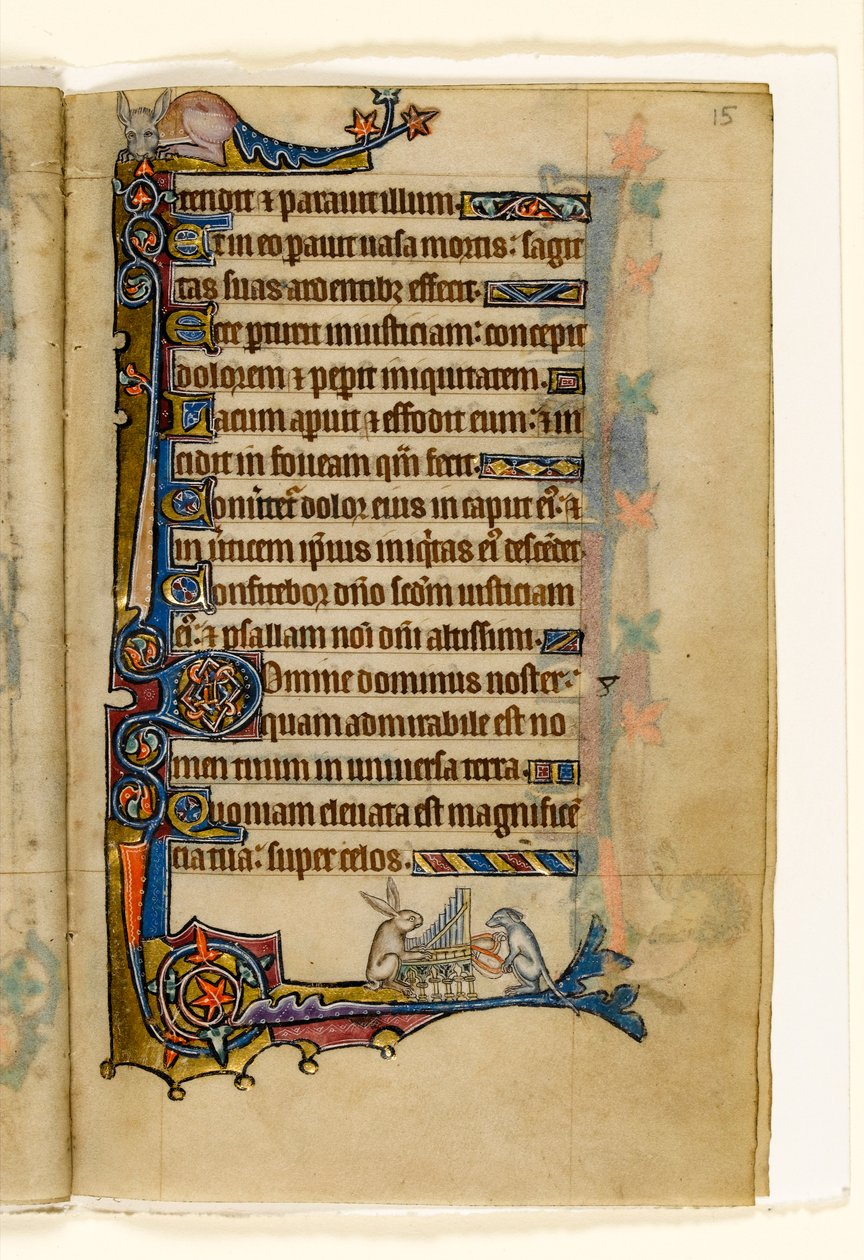 MS 1-2005, fol. 15r: Uma Lebre e um Cachorro tocando Órgão, decoração marginal do Saltério de Macclesfield, Uso de Sarum, East Anglia, c.1330 de English School