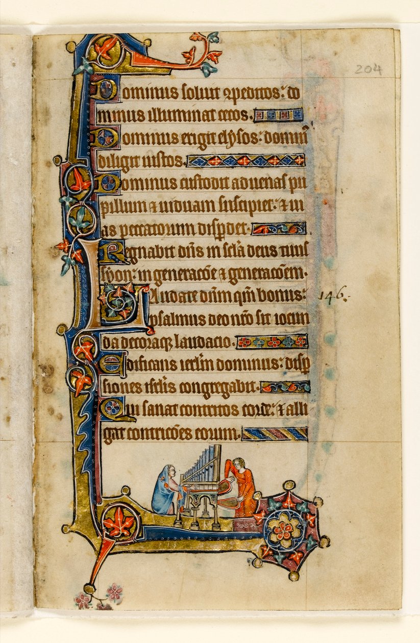 MS 1-2005, fol. 204r: Jogando um Órgão, decoração marginal do Saltério de Macclesfield, Uso de Sarum, East Anglia, c.1330 de English School