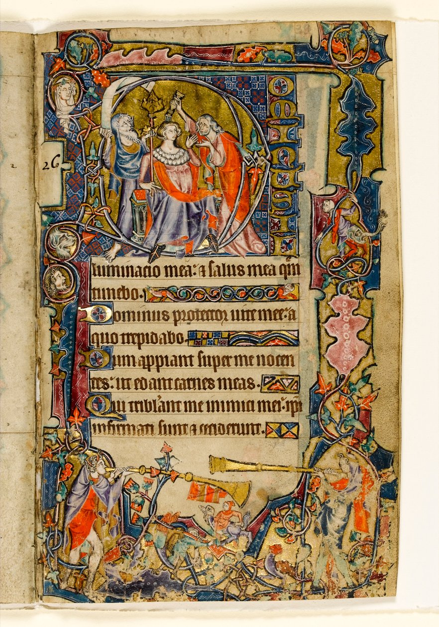 MS 1-2005, fol. 39r: A Unção de David e Trompetistas, historiated inicial do Saltério de Macclesfield, Uso de Sarum, East Anglia, c.1330 de English School