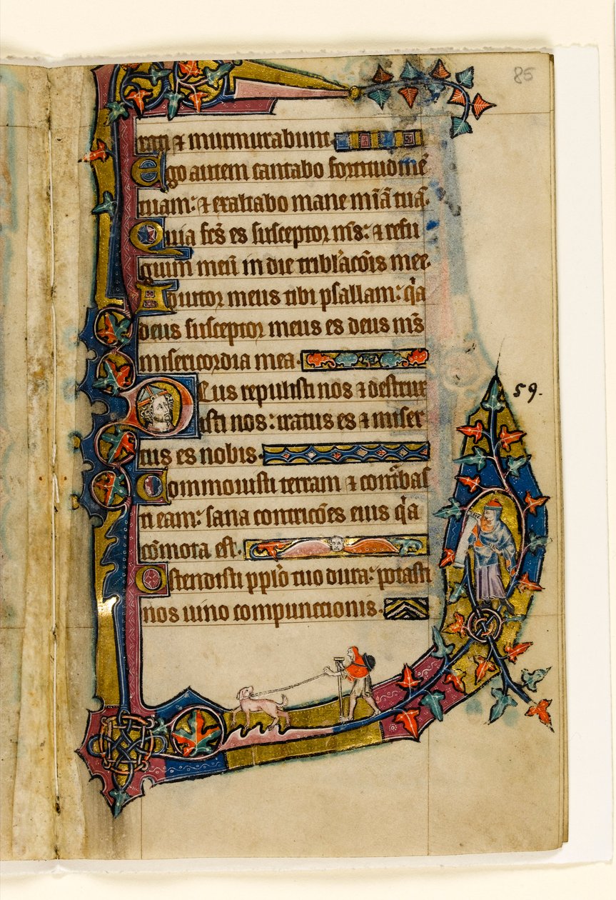 MS 1-2005, fol. 85r: Um Penitente com cão, decoração marginal do Saltério de Macclesfield, Uso de Sarum, East Anglia, c.1330 de English School