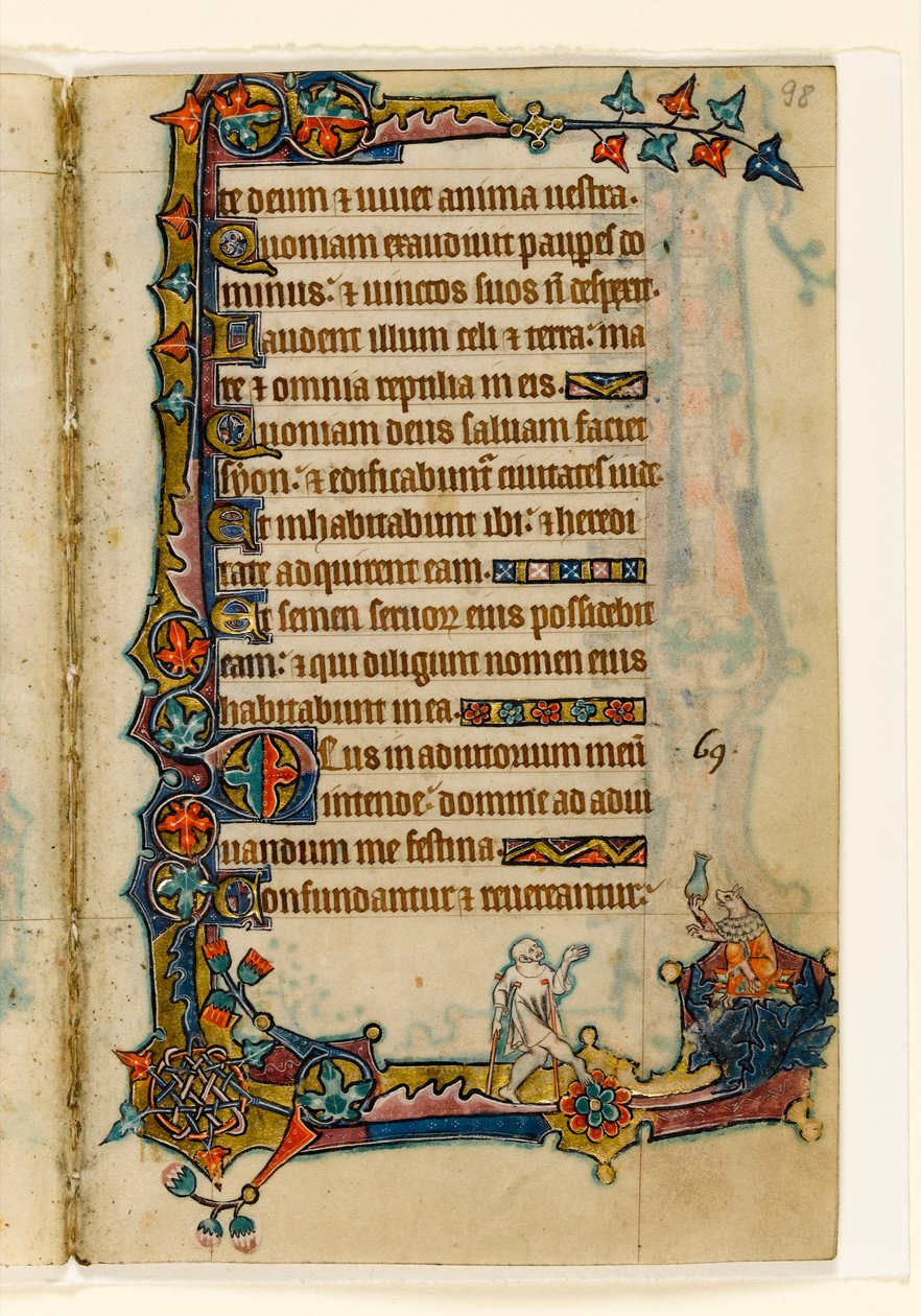 MS 1-2005, fol. 98r: Um Mendigo e um Porco Rico , Decoração marginal do Saltério de Macclesfield, Uso de Sarum, East Anglia, c.1330 de English School