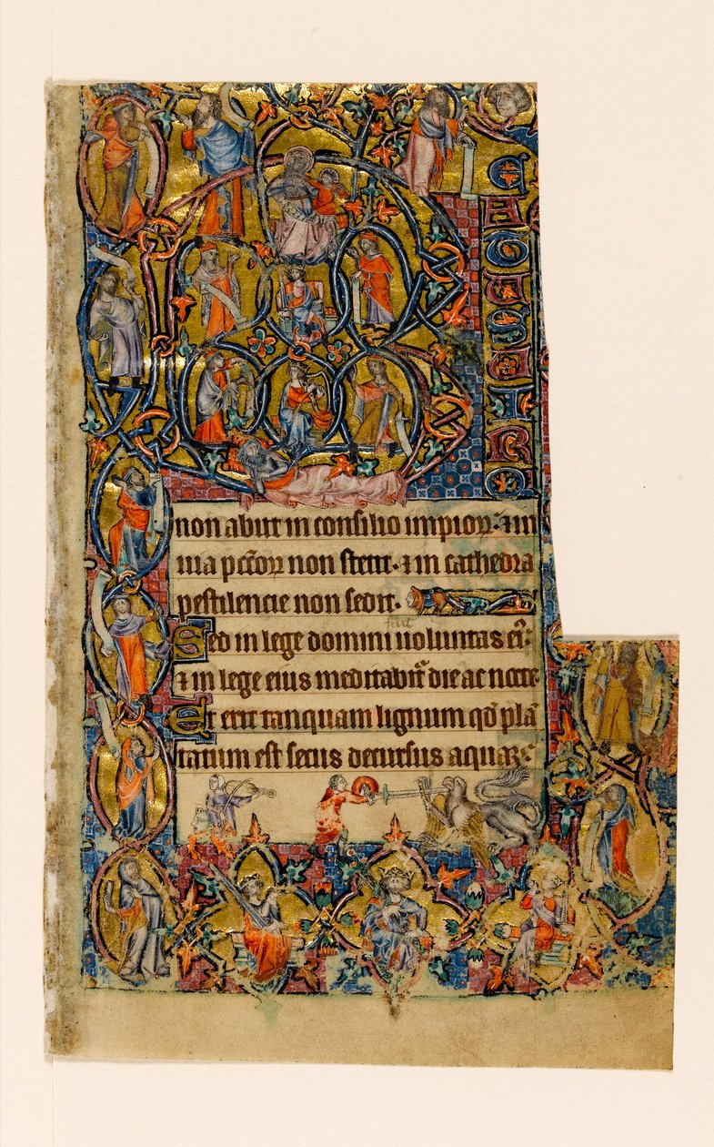 MS 1-2005, fol. 9r: A Árvore de Jessé e a fronteira inicial dos Beatus com músico e combate grotesco, do Saltério de Macclesfield, Uso de Sarum, East Anglia, c.1330 de English School