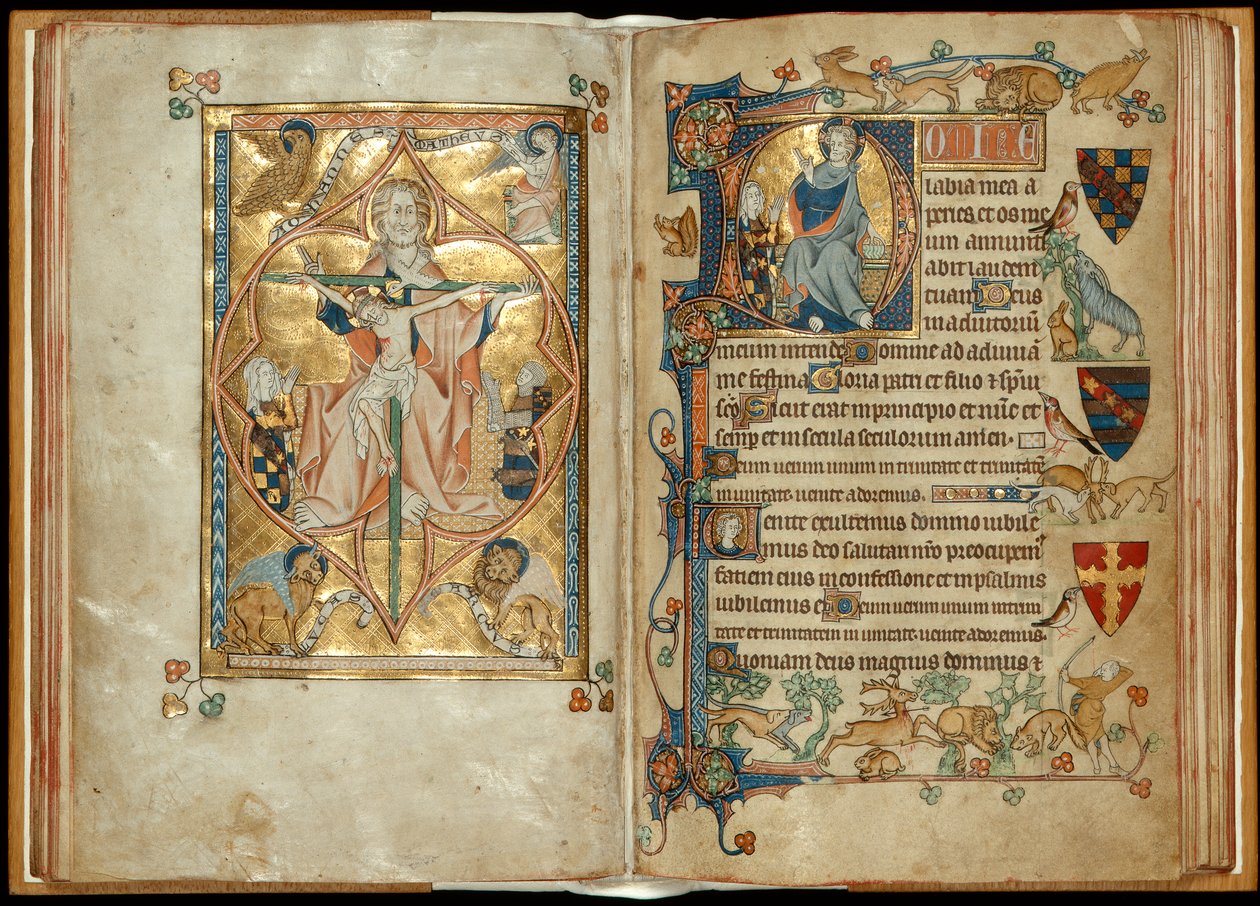 MS 242 f. 28v-29r O Trono da Misericórdia com patronos, Cristo abençoando com um patrono, c.1314-30 (folha de ouro e têmpera sobre pergaminho) de English School