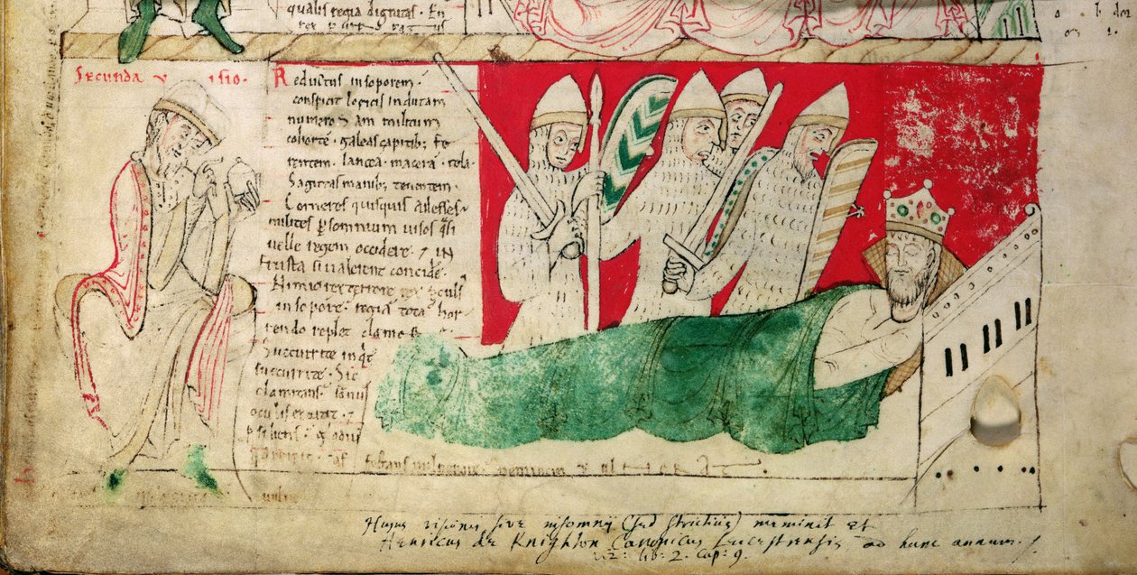 MS CCC 157 p.382 As visões sonhadas pelo rei Henrique I na Normandia em 1130, inseridas c.1140 por João de Worcester na crónica iniciada por Florença de Worcester (d.1118) c.1130-40 (pergaminho) (pormenor de 95503) de English School
